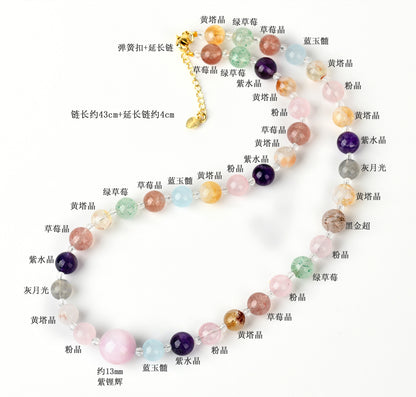 Natural Crystal Multi-Gem Collarbone Necklace | Amethyst & Yellow Tower Crystal for Wealth & Harmony