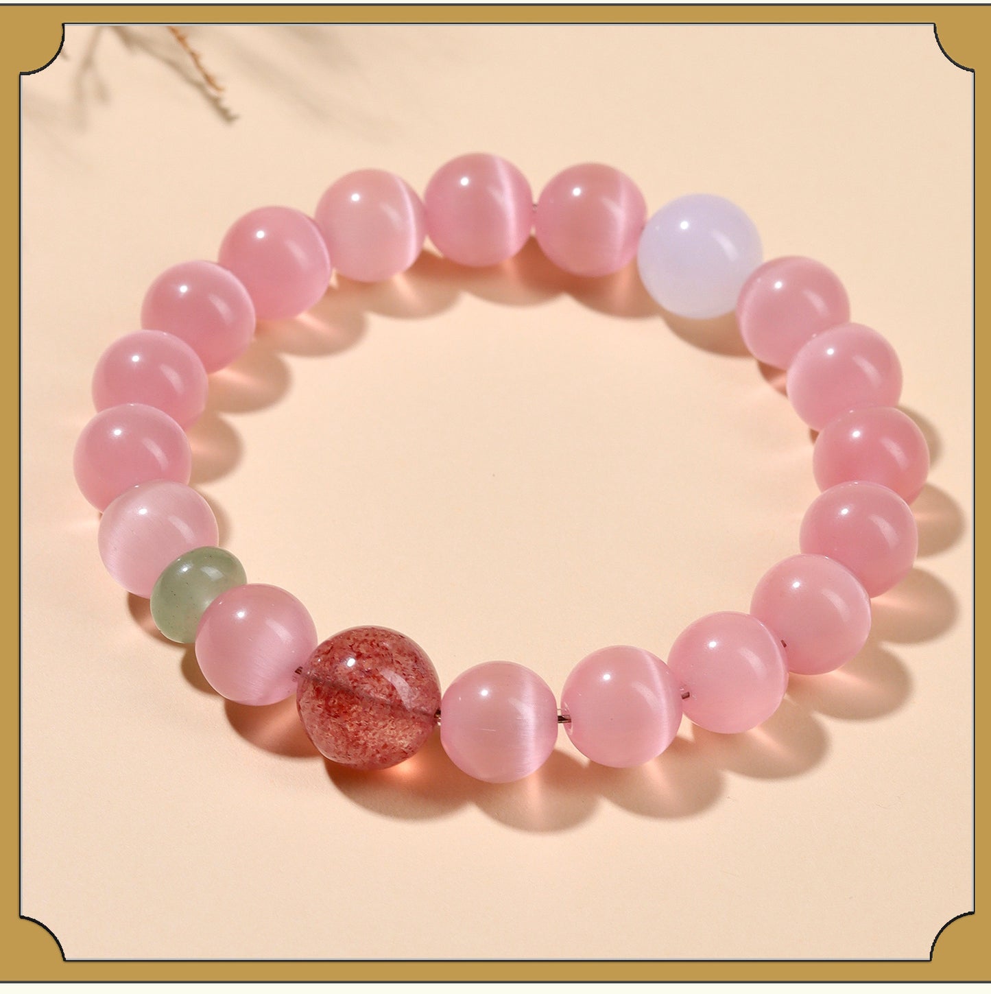 Pink Cat's Eye Strawberry Crystal Bracelet | Love Charm & Fashion Energy for Women