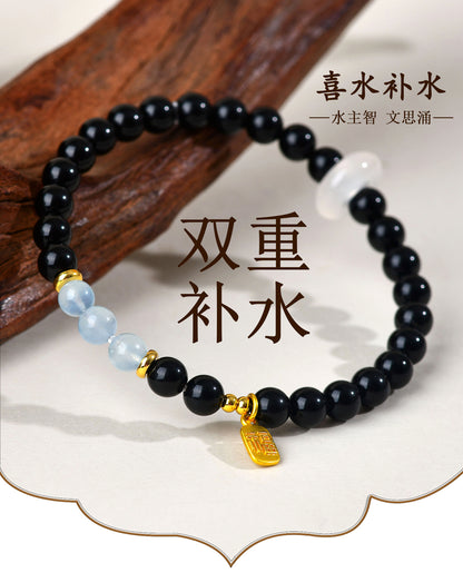 Natural Crystal Obsidian Multi-Gem Bracelet | Chinese Style Buddhist Bead for Women