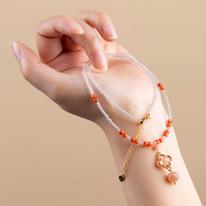 Natural White Crystal Agate Orange Moonstone Four-Leaf Clover Collarbone Necklace - Lucky Charm for Women