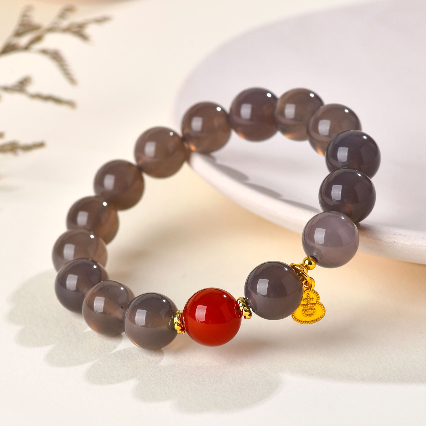 Natural Gray Agate Single Circle Bracelet | Chinese Style Protection & Balance Charm