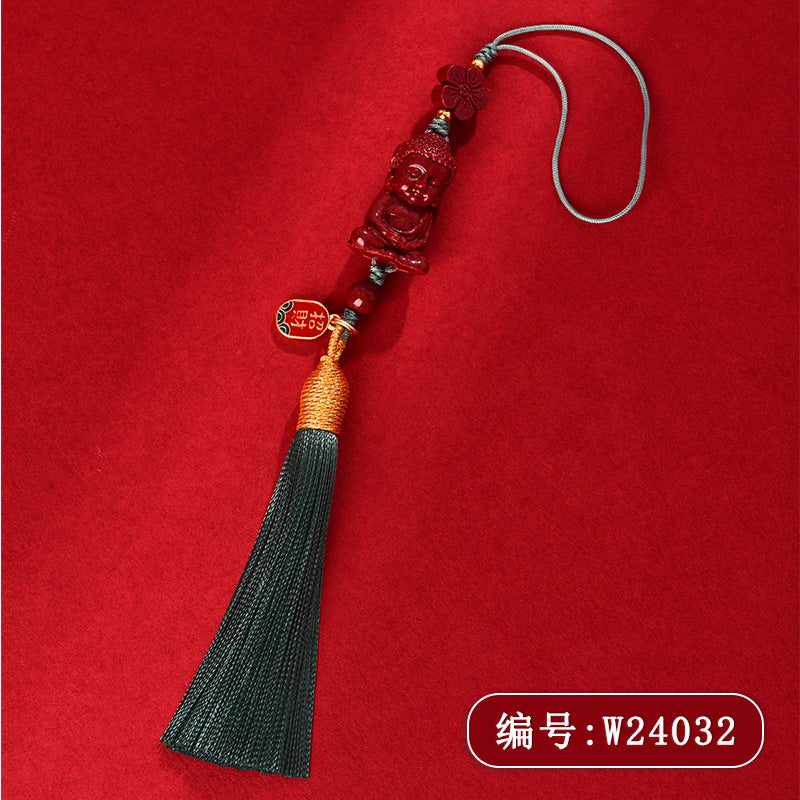Natural Purple Gold Cinnabar Infant Buddha Charm with Handwoven Tassel for Phone & Bag
