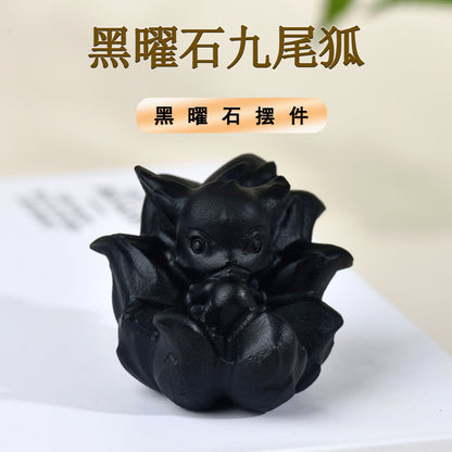 Natural Obsidian Carved Nine-Tailed Fox Ornament - Mystical Desk Decor for Wisdom & Protection