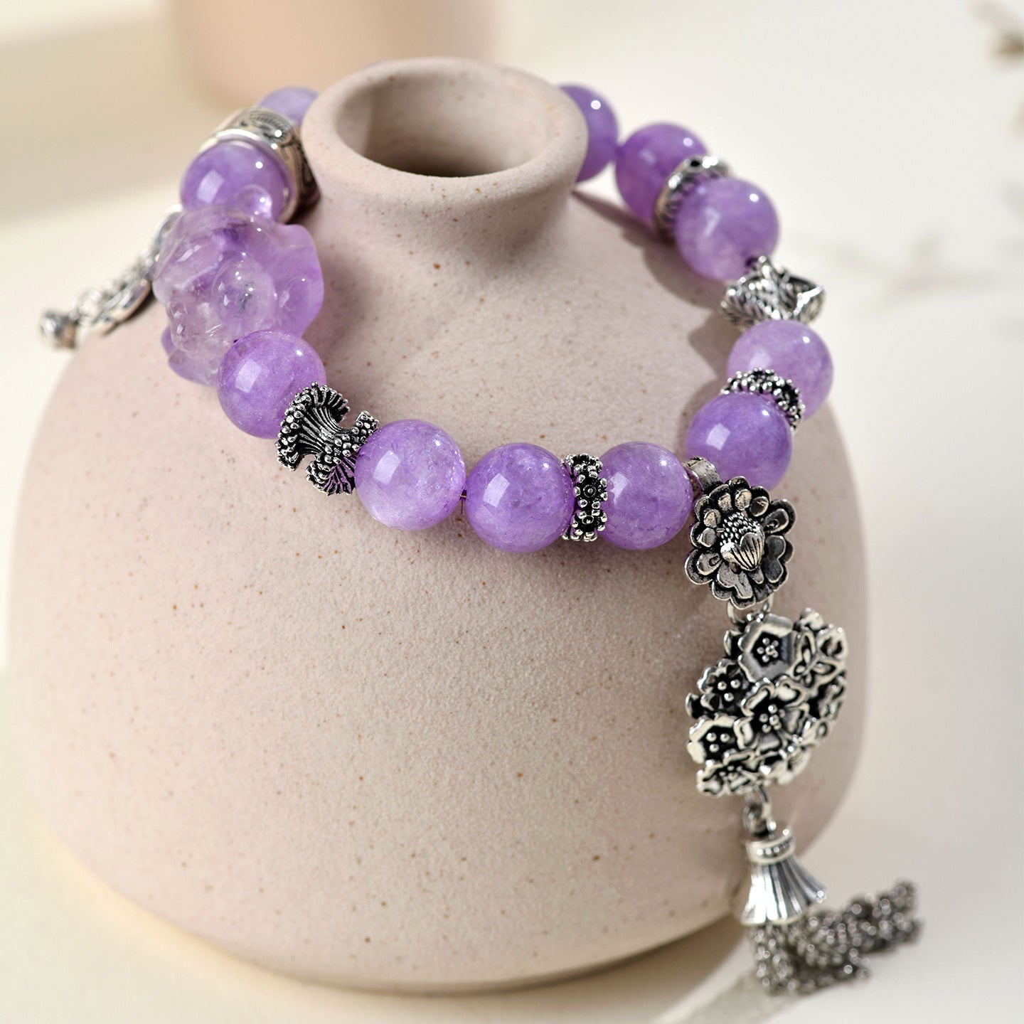 Lavender Amethyst Nine-Tailed Fox Bracelet with Flower Ball Tassel - Artistic Retro Romantic Women's Jewelry