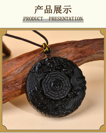 Natural Obsidian Dragon Phoenix Tai Chi Bagua Round Pendant Necklace - Harmony & Protection Amulet