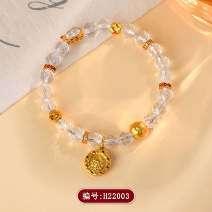 Faceted White Crystal Wealth God Lotus Bracelet - Golden Prosperity & Spiritual Protection