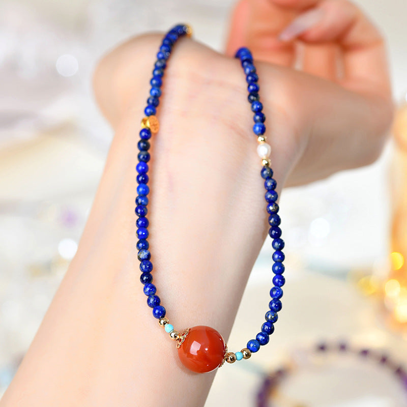 Natural Lapis Lazuli and Southern Red Agate Collarbone Necklace | Wisdom and Protection Talisman