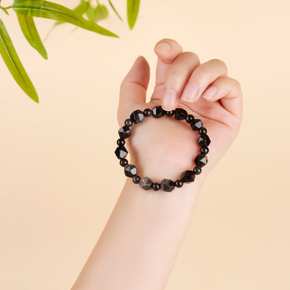 Natural Silver Obsidian Irregular Faceted Single Circle Bracelet | Mystical Protection & Elegance