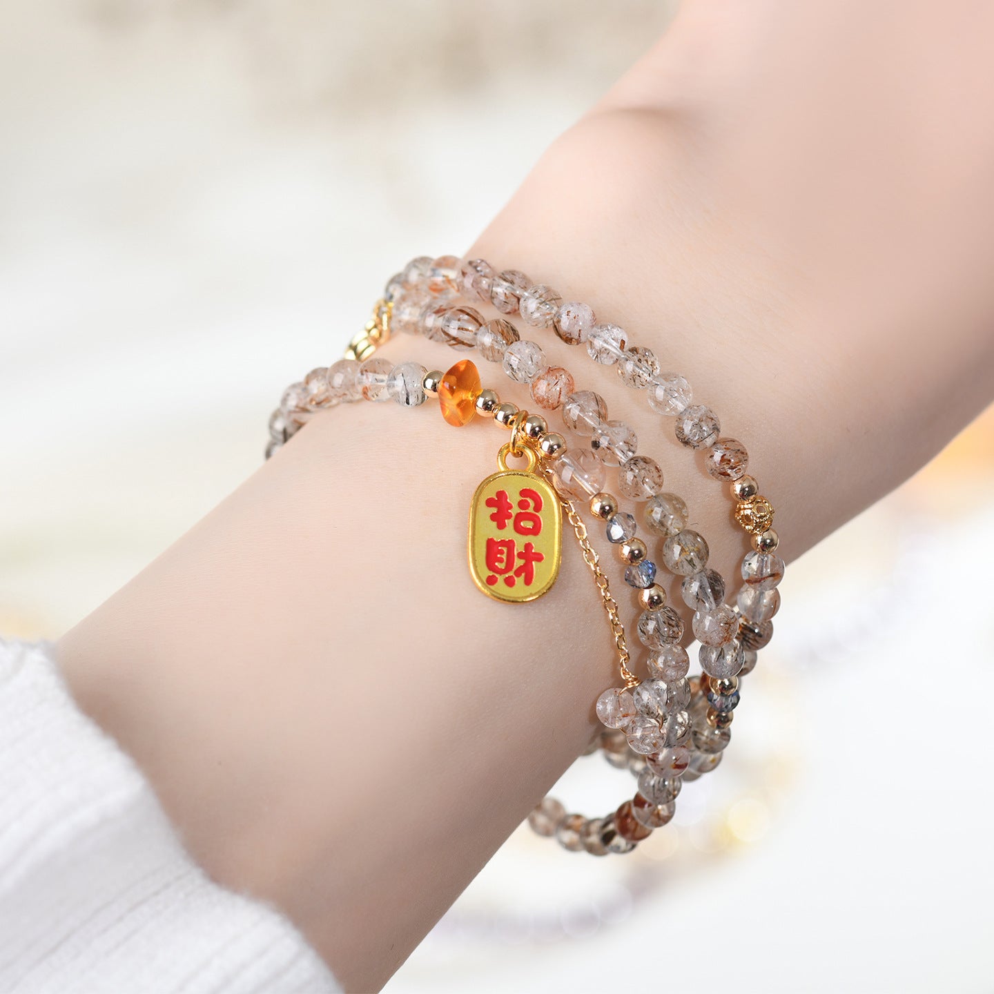 Natural Crystal Black Gold Three-Circle Bracelet & Necklace | Spiritual Protection & Elegance