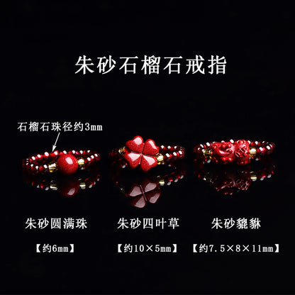 High Content Cinnabar Pixiu Four-Leaf Clover Elastic Ring for Women - Wealth & Luck Talisman