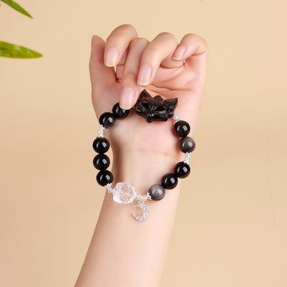 Silver Obsidian Fox Mask Bracelet with White Crystal Lion Awakening - Chinese Style Women's Spiritual Jewelry
