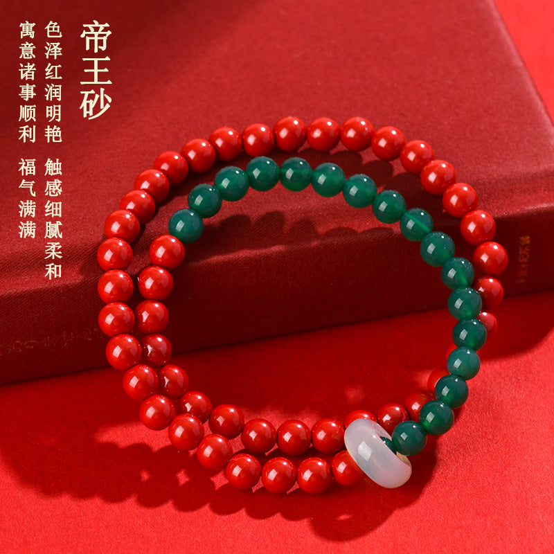 Natural Cinnabar and Green Agate Double Circle Bracelet for Women - Wealth and Protection Talisman