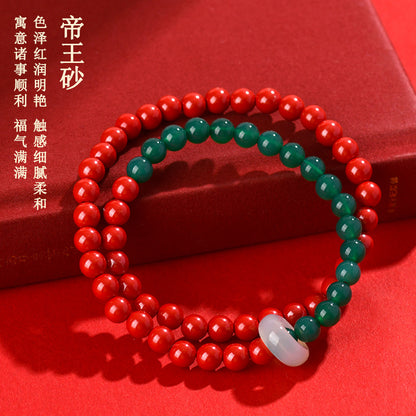Natural Cinnabar and Green Agate Double Circle Bracelet for Women - Wealth and Protection Talisman