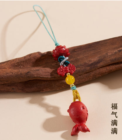 Imperial Red Cinnabar Whale Phone Chain Pendant with Lotus Keychain - Spiritual Guardian & Wealth Attractor