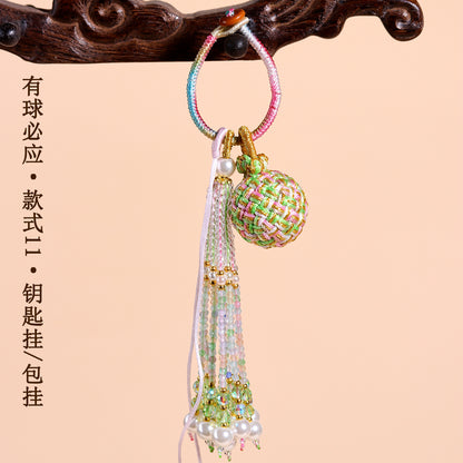 Handwoven Crystal Ball Keychain | Lucky Charm Bag Hanger with Beaded Tassel