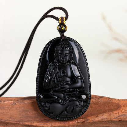 Natural Obsidian Zodiac Buddha Pendant with Eight Guardian Gods - Spiritual Protection Amulet