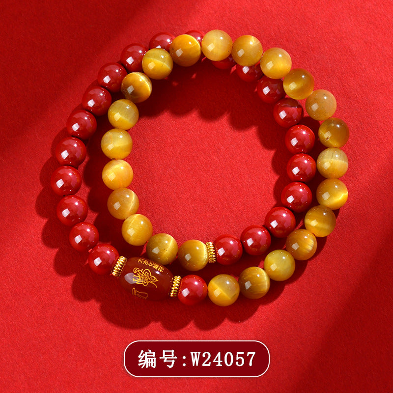 Natural Cinnabar Gold Tiger Eye Double Circle Bracelet - Wealth Protection Spiritual Amulet for Women