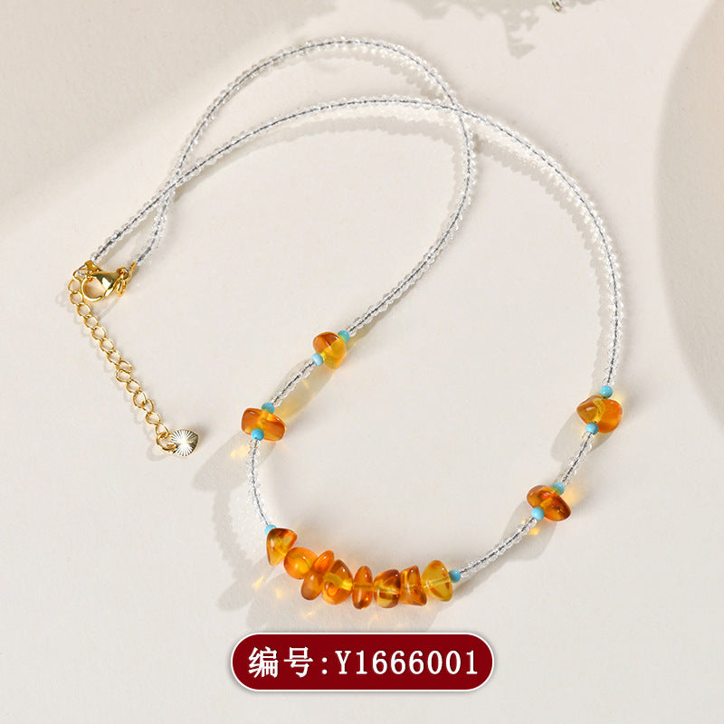 Natural White Crystal Amber Collarbone Necklace | Purifying Energy Elegant Spiritual Jewelry