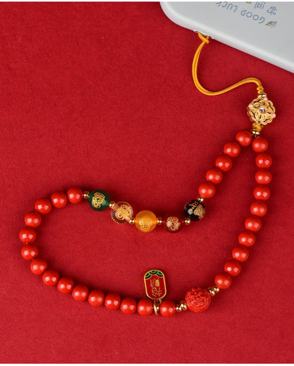 Imperial Red Cinnabar Five-Way God of Wealth Phone Charm - Natural Mineral Pendant for Wealth Attraction