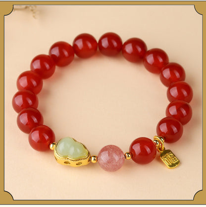 Natural Red Agate Strawberry Crystal Gourd Bracelet | Chinese Style Fortune Prosperity Unisex