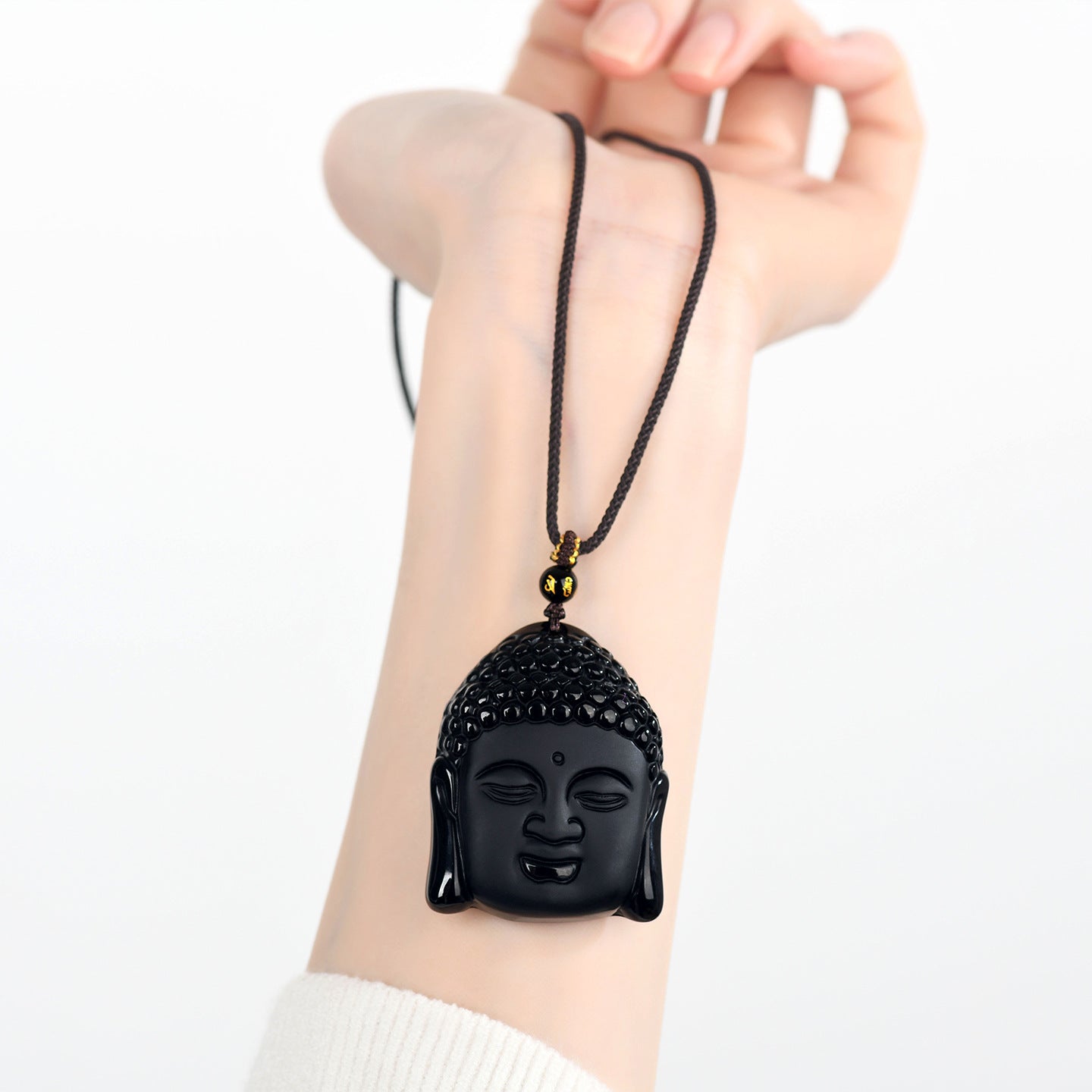 Natural Matte Obsidian Shakyamuni Buddha Head Pendant - Spiritual Protection Amulet