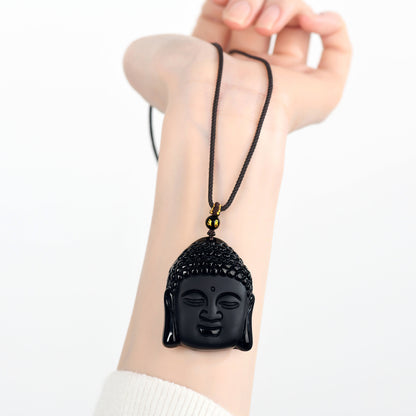 Natural Matte Obsidian Shakyamuni Buddha Head Pendant - Spiritual Protection Amulet