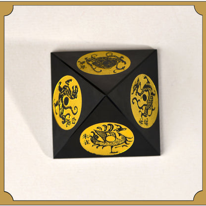 Natural Obsidian Pyramid with Four Divine Beasts - Feng Shui Home Ornament for Protection and Harmony