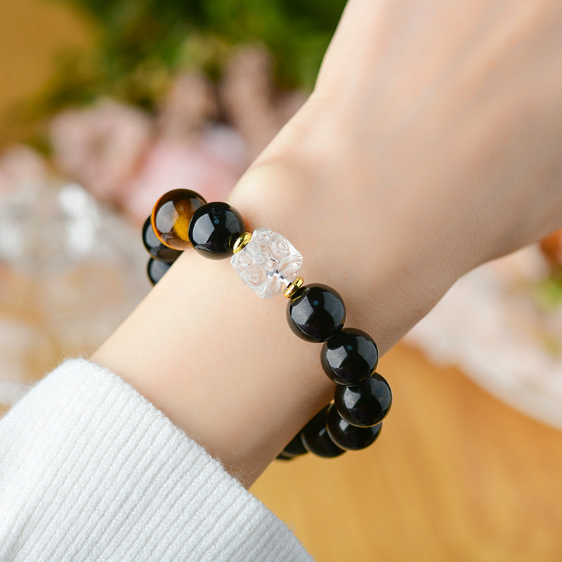 Natural Obsidian Bracelet with White Crystal Lion Awakening - Unisex Spiritual Protection Beaded Jewelry