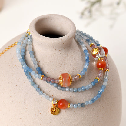 Natural Crystal Aquamarine Southern Red Agate Collarbone Necklace - S925 Silver Elegant Jewelry for Women