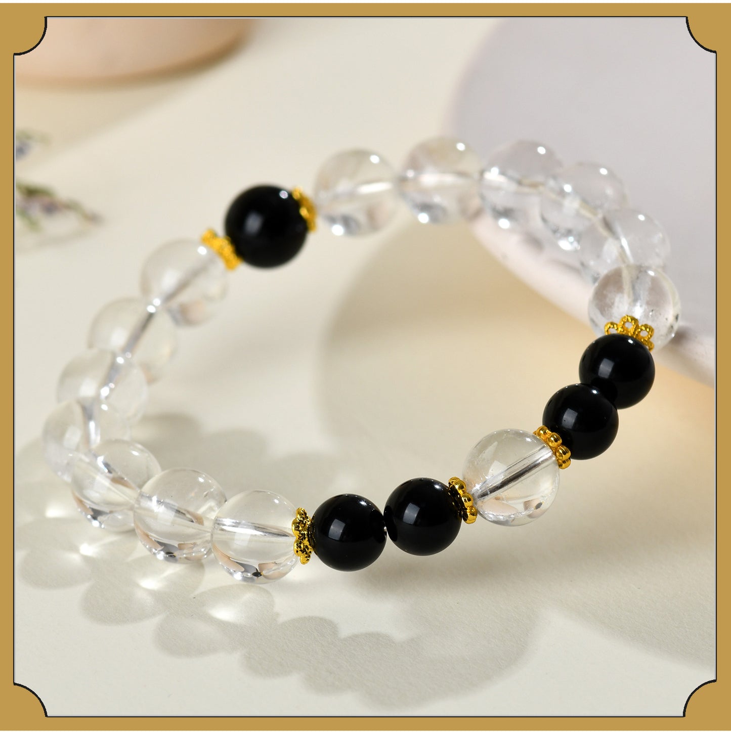 Natural Crystal Energy Bracelet with White Crystal, Obsidian, Strawberry Quartz, and Aquamarine | Spiritual Harmony & Protection