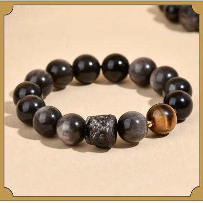 Natural Obsidian Lion Awakening Bracelet | Chinese Style Unisex Protection Talisman