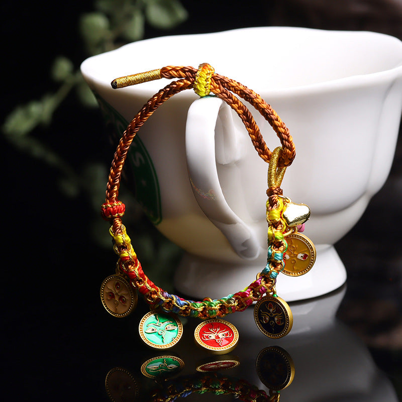 Handwoven Peach Blossom Knot Five-Way God of Wealth Tibetan Thangka Bracelet for Prosperity