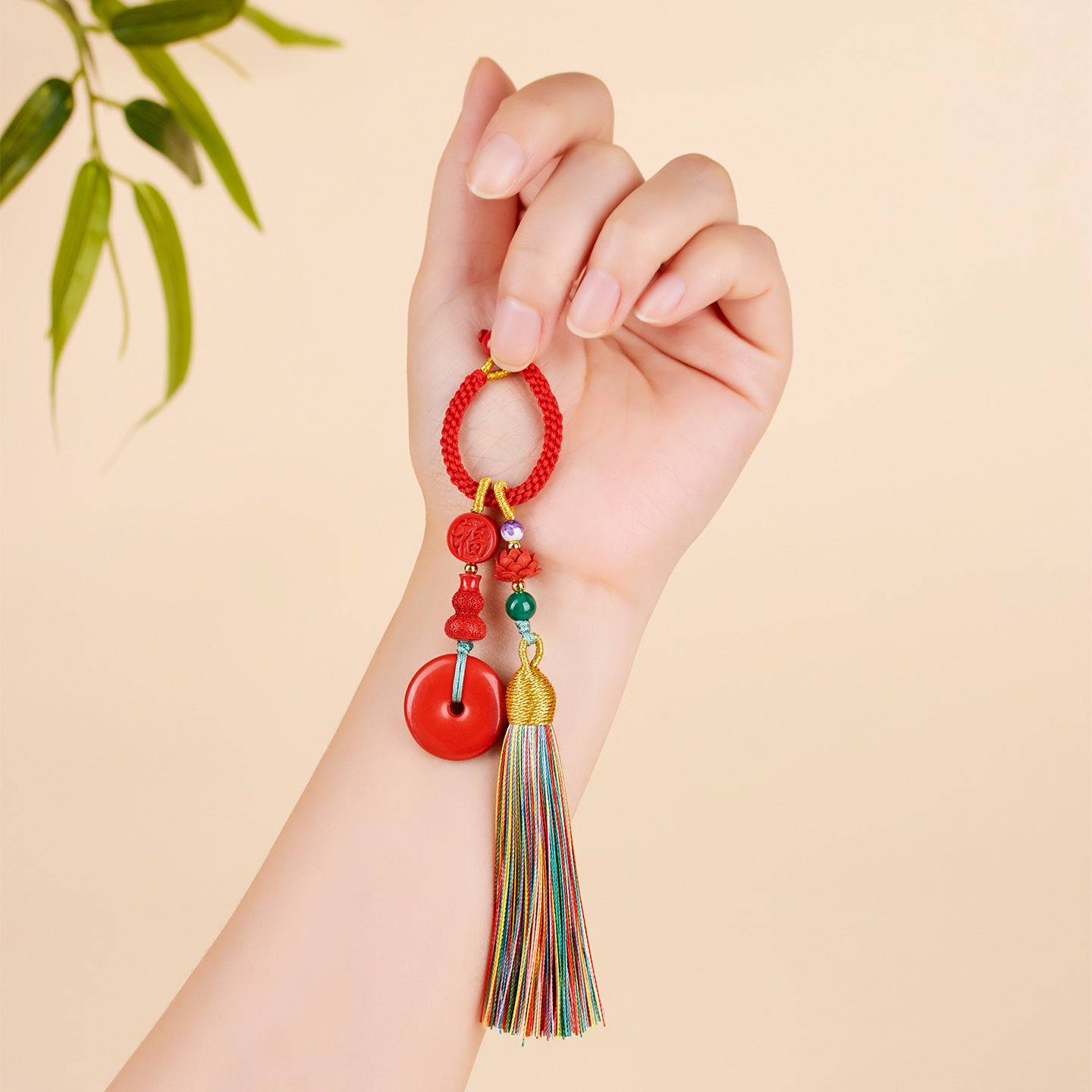 Imperial Red Cinnabar Peace Buckle Keychain with Multicolored Tassel - Handmade Spiritual Protector