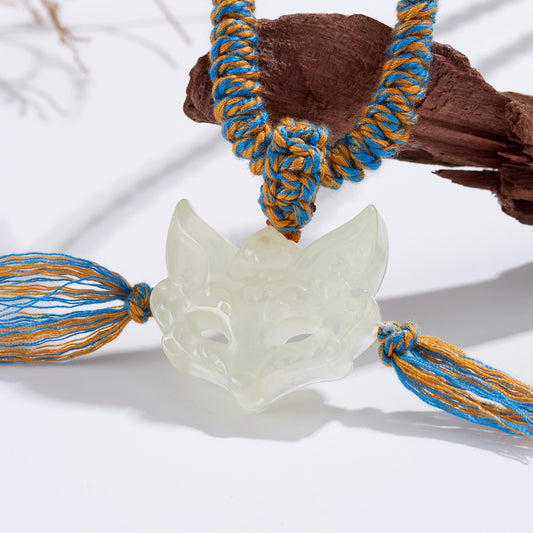 Natural Yellow Crystal Fox Mask Pendant Tibetan Necklace - Wisdom & Prosperity Amulet