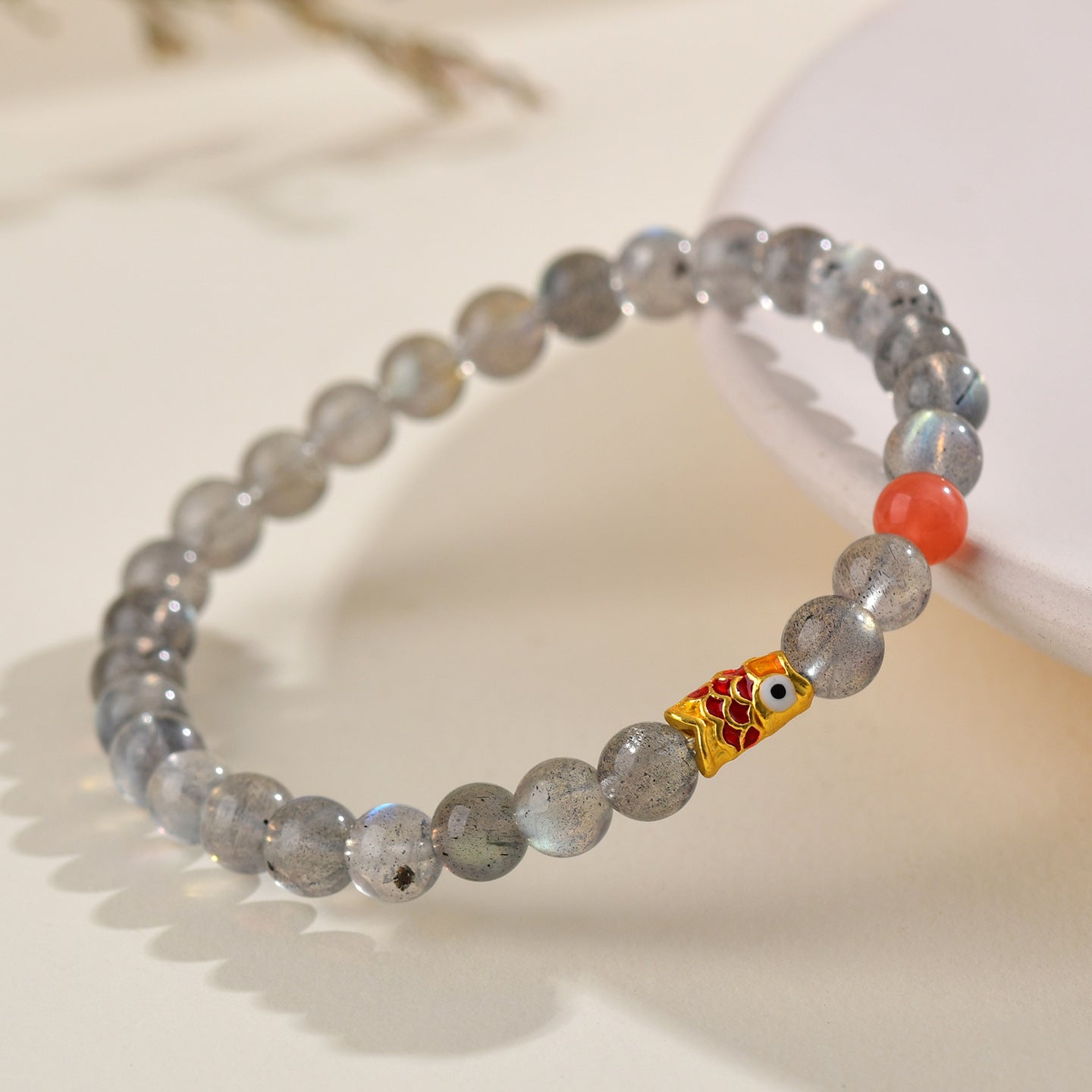 Gray Moonstone Koi Fish Bracelet | Wisdom & Luck Talisman for Female Students
