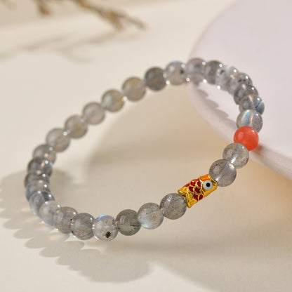 Gray Moonstone Koi Fish Bracelet | Wisdom & Luck Talisman for Female Students