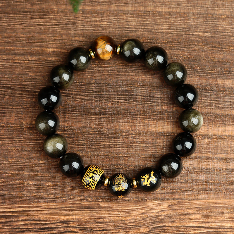 Natural Obsidian Zodiac Guardian Buddha Bracelet with Tiger Eye & Agate - Six-Word Mantra Spiritual Protection