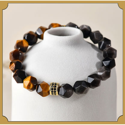 Golden Tiger Eye and Obsidian Faceted Irregular Bracelet - Unisex Couple Protection Charm