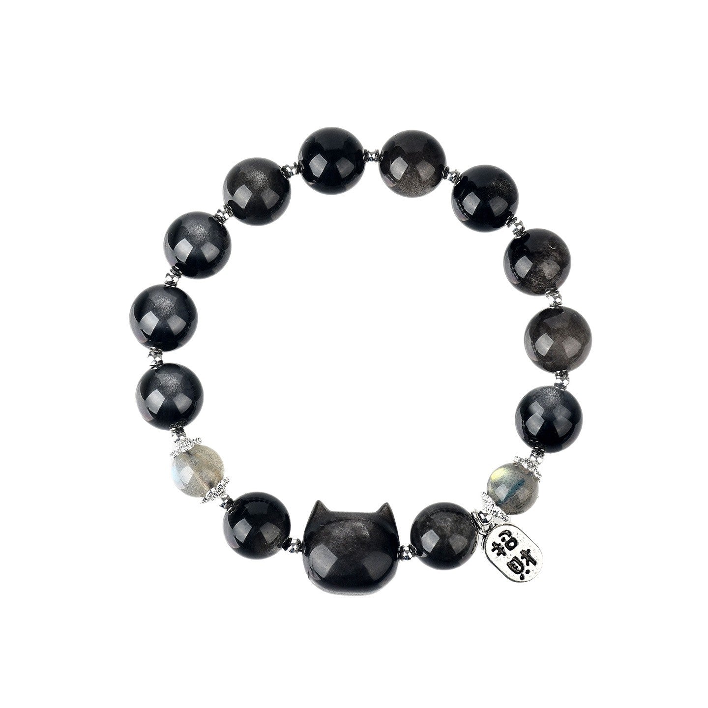 Silver Obsidian Faceless Cat Moonlight Bracelet | Chinese Style Women's Protection Jewelry