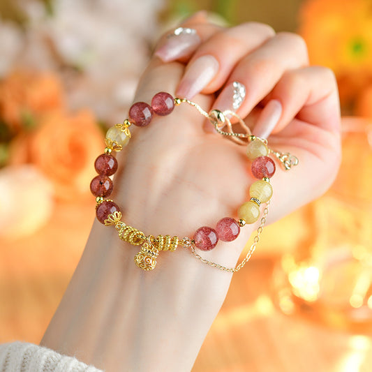 Leo Zodiac Crystal Bracelet with Natural Strawberry & Yellow Rutilated Quartz for Women