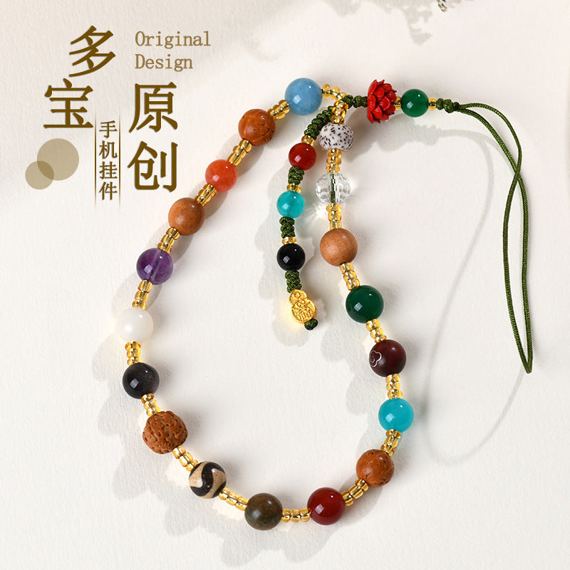 Multi-Treasure Crystal Agate Sandalwood Bodhi Phone Chain with S925 Silver Gourd Pendant