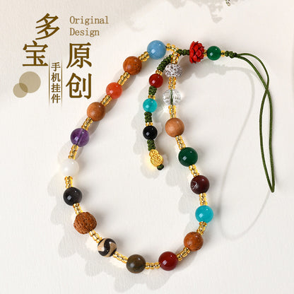 Multi-Treasure Crystal Agate Sandalwood Bodhi Phone Chain with S925 Silver Gourd Pendant