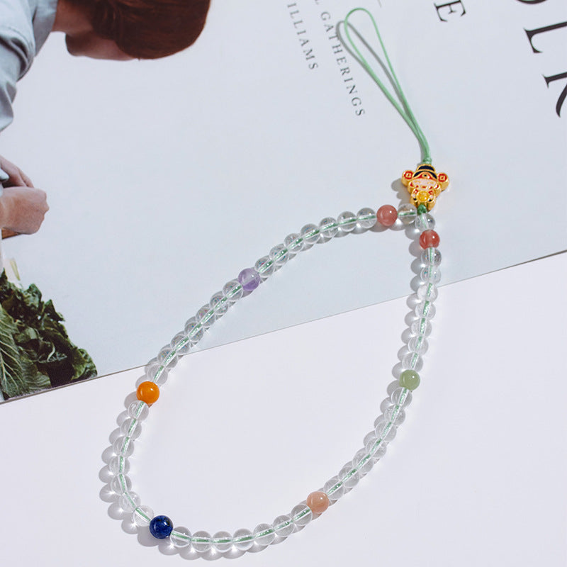 Natural White Crystal God of Wealth Phone Chain - Multi-Gem Chinese Style Pendant for Prosperity