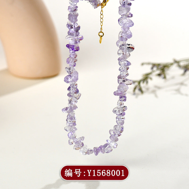 Natural Bolivia Amethyst Crushed Stone Collarbone Necklace & Double Circle Bracelet | Spiritual Protection & Wealth Attraction