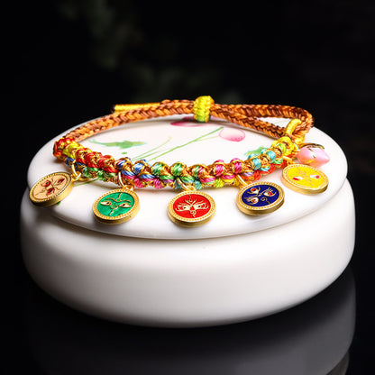 Handwoven Peach Blossom Knot Five-Way God of Wealth Tibetan Thangka Bracelet for Prosperity