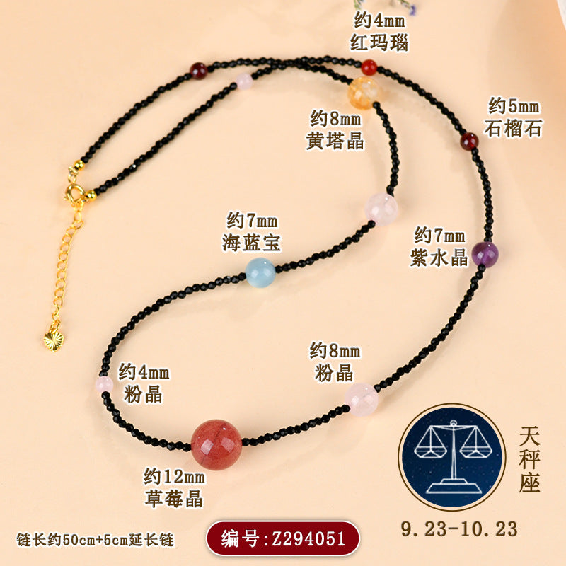 Twelve Zodiac Natural Crystal Multi-Gemstone Collarbone Necklace & Bracelet Set