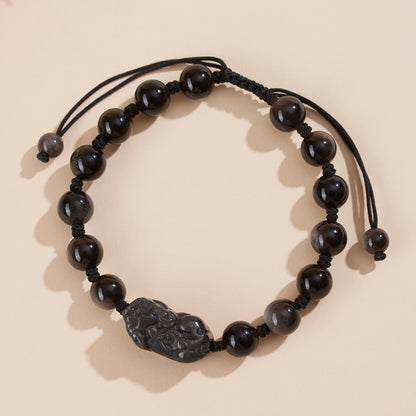 Natural Silver Obsidian Strawberry Crystal Pixiu Couple Bracelet - Hand-Woven for Wealth and Love