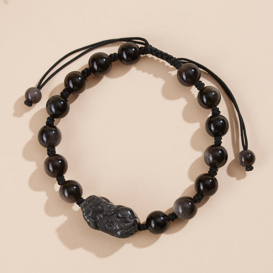 Natural Silver Obsidian Strawberry Crystal Pixiu Couple Bracelet - Hand-Woven for Wealth and Love