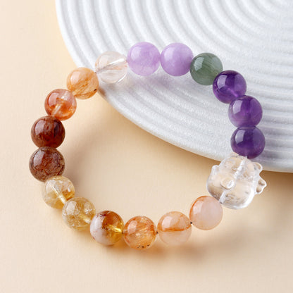 Natural White Crystal Lucky Cat Multi-Gem Bracelet | Wealth & Luck Charm for Women