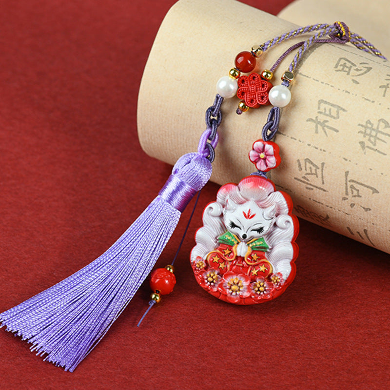 Natural Cinnabar Nine-Tailed Fox Pendant - Mystical Protection & Fortune Keychain